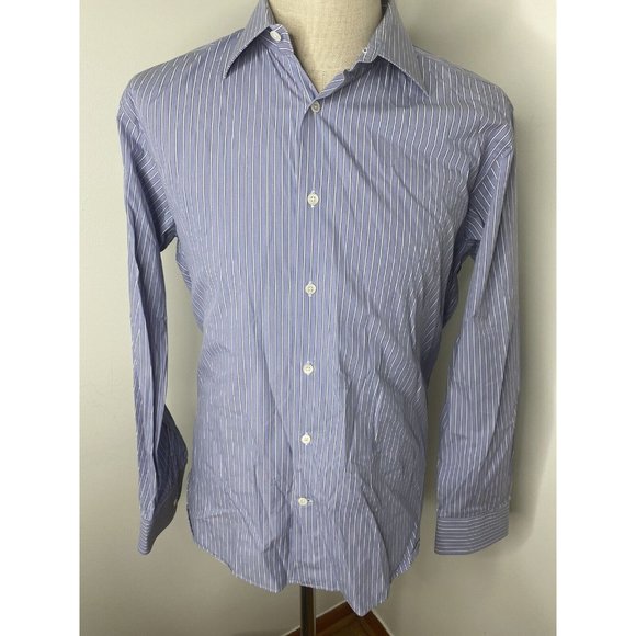 Hickey Freeman Mens Button Down Shirt Blue White Striped Made Italy 16 Long Slv - Picture 1 of 5